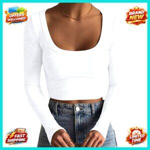 Long Sleeve Ribbed Crop Top Square Neck Slim Fit Stretchy Knit